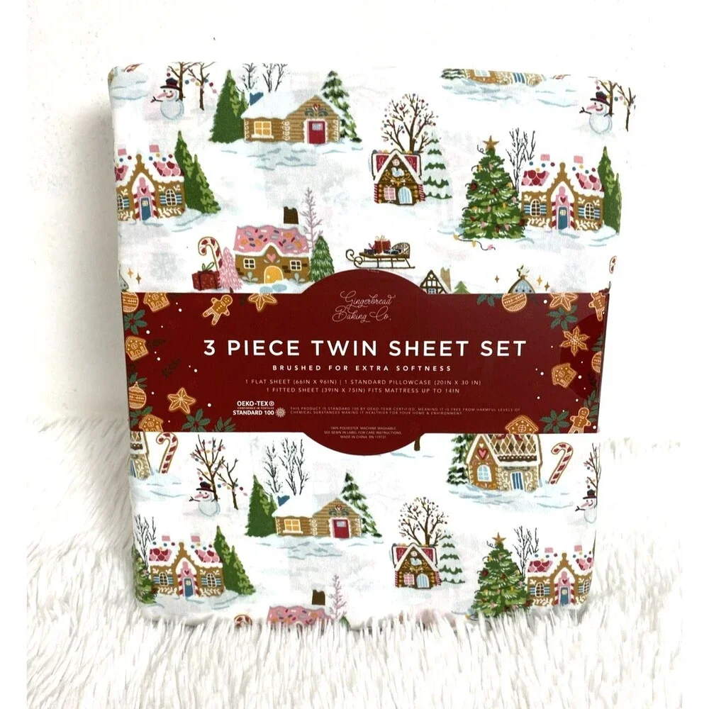 Envogue Gingerbread Town House Twin Sheet Set Christmas Pastel 3 Pieces Holidays
